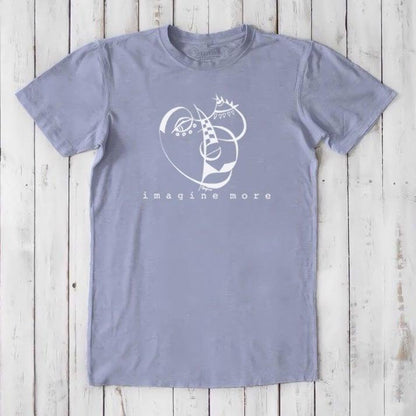 Lavender men's bamboo and organic cotton t-shirt with white 'Imagine More' abstract art. Stylish and sustainable apparel for artists.