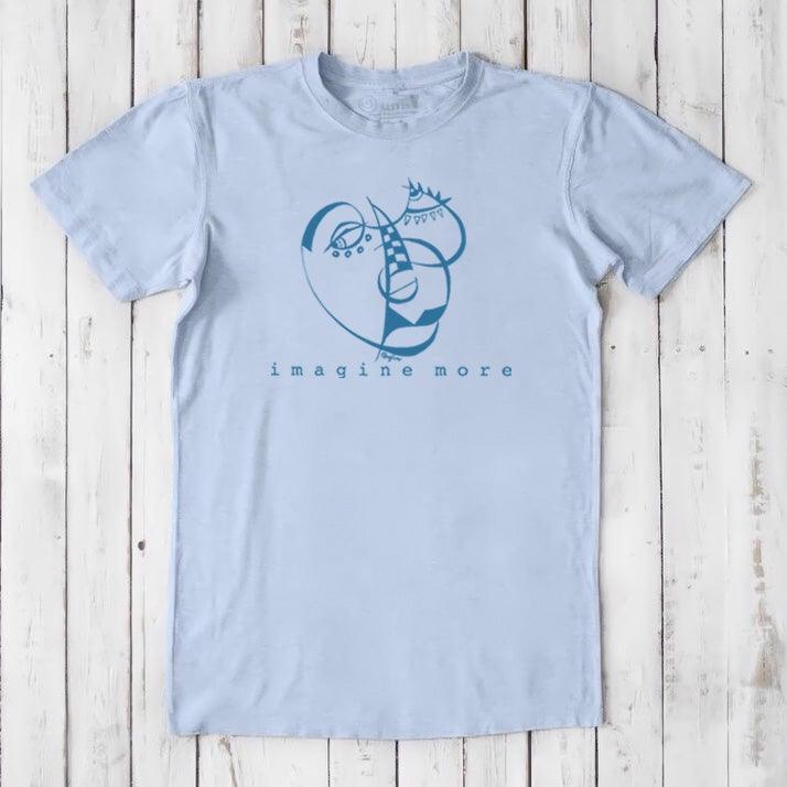 Light blue men's art t-shirt in bamboo and organic cotton with dark blue 'Imagine More' graphic. Eco-friendly gift for creatives.
