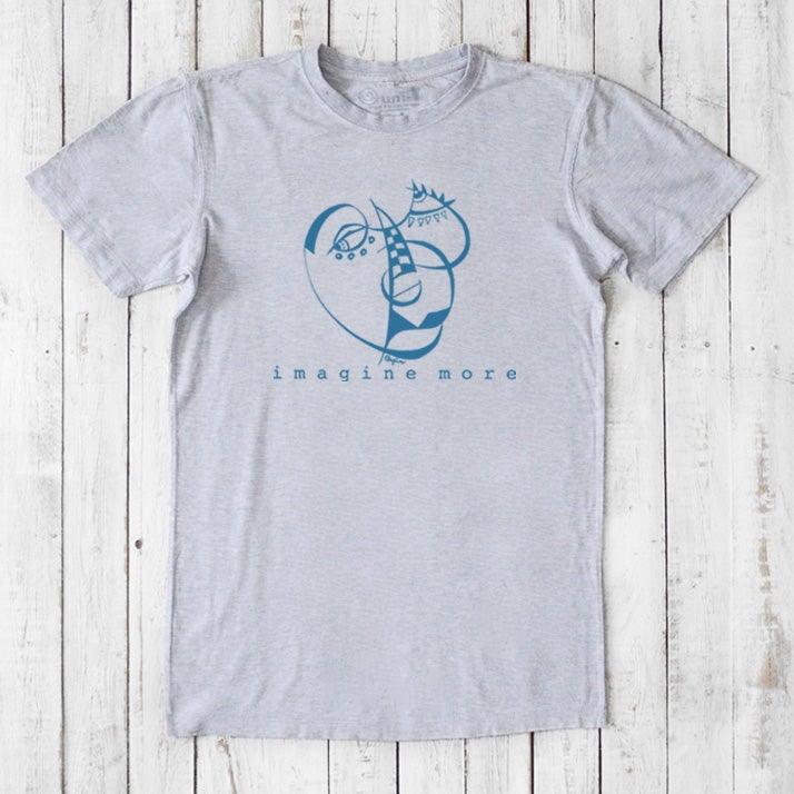 Heather gray men's bamboo and organic cotton tee with blue 'Imagine More' abstract design. Artistic and sustainable fashion choice.
