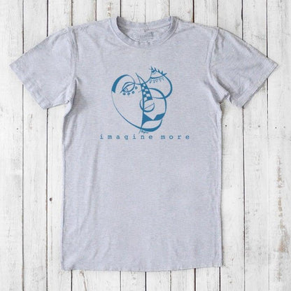 Heather gray men's bamboo and organic cotton tee with blue 'Imagine More' abstract design. Artistic and sustainable fashion choice.