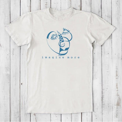 White men's art t-shirt in bamboo and organic cotton with blue 'Imagine More' graphic. Minimalist and creative eco-style gift.