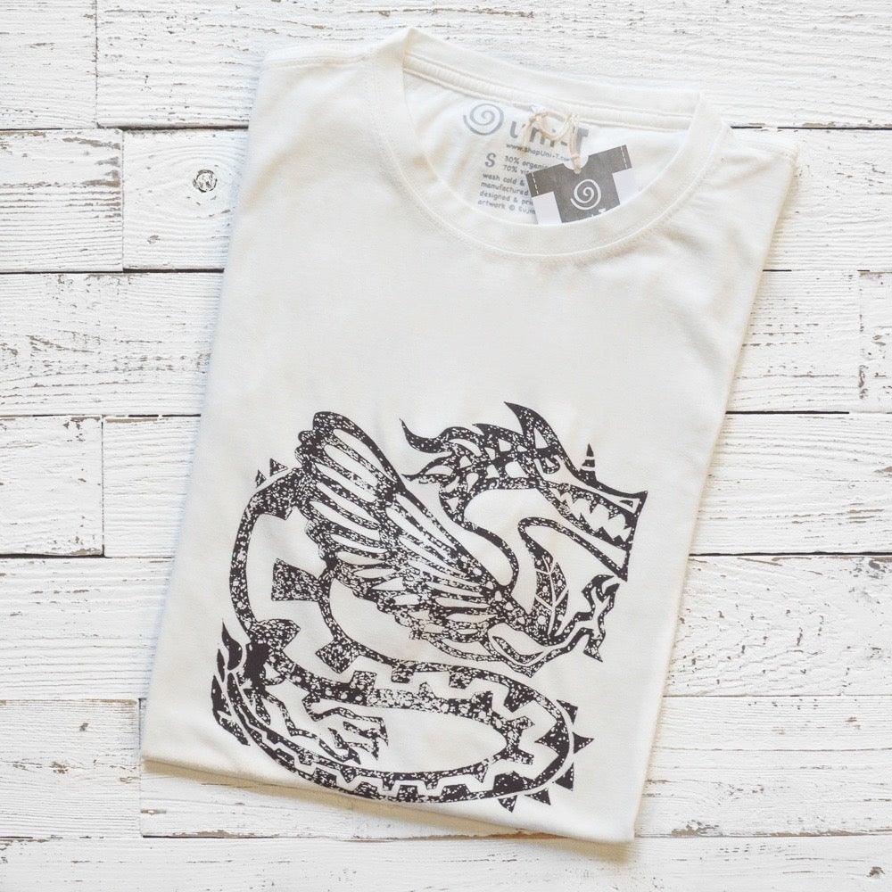 Men's Dragon T-Shirt in Bamboo & Organic Cotton, folded white tee with black Ancient Dragon graphic, eco-friendly fantasy gift for him.