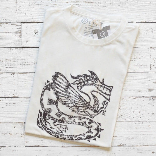 Men's Dragon T-Shirt in Bamboo & Organic Cotton, folded white tee with black Ancient Dragon graphic, eco-friendly fantasy gift for him.