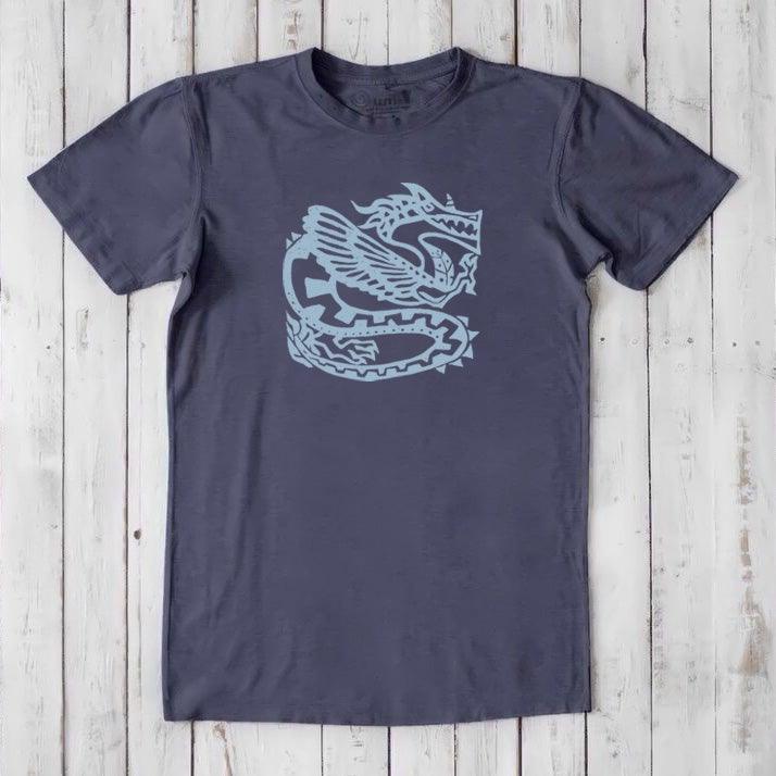 Classic fit navy blue Men's Dragon T-Shirt in Bamboo & Organic Cotton with light blue Ancient Dragon design, sustainable mythology art tee.