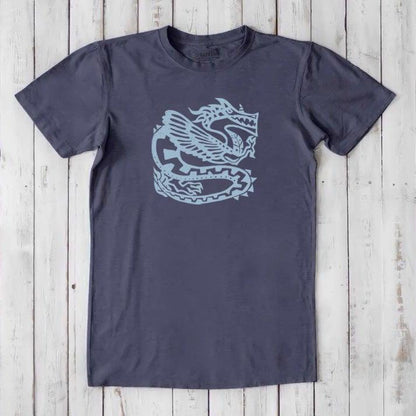 Classic fit navy blue Men's Dragon T-Shirt in Bamboo & Organic Cotton with light blue Ancient Dragon design, sustainable mythology art tee.