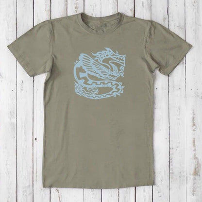 Olive green Men's Dragon T-Shirt in Bamboo & Organic Cotton featuring light blue Ancient Dragon graphic, soft eco-conscious fantasy apparel.