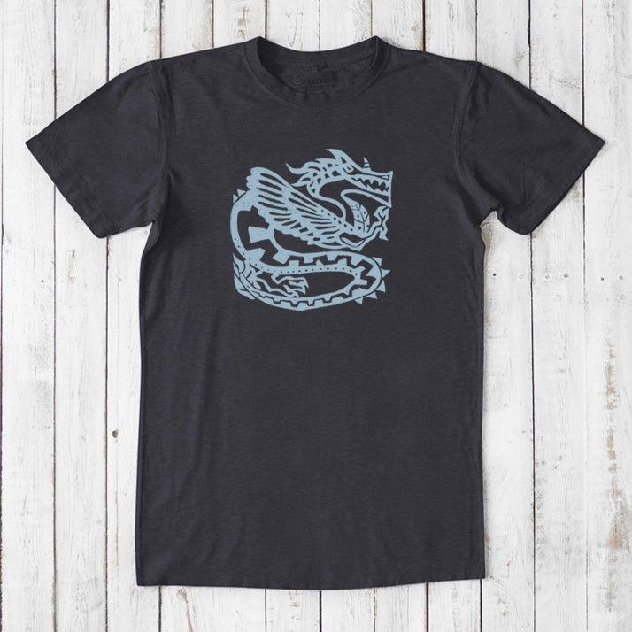 Charcoal black Men's Dragon T-Shirt in Bamboo & Organic Cotton with light blue Ancient Dragon print, stylish sustainable gift for fantasy lovers.