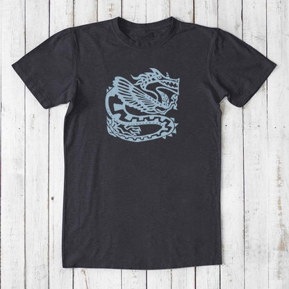 Charcoal black Men's Dragon T-Shirt in Bamboo & Organic Cotton with light blue Ancient Dragon print, stylish sustainable gift for fantasy lovers.