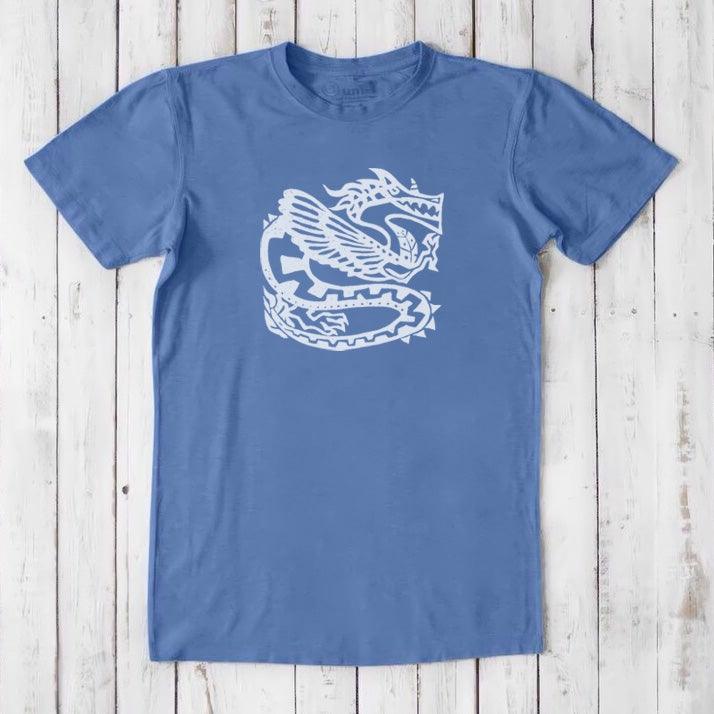 Sky blue Men's Dragon T-Shirt in Bamboo & Organic Cotton with white Ancient Dragon artwork, breathable classic fit tee for mythology fans.