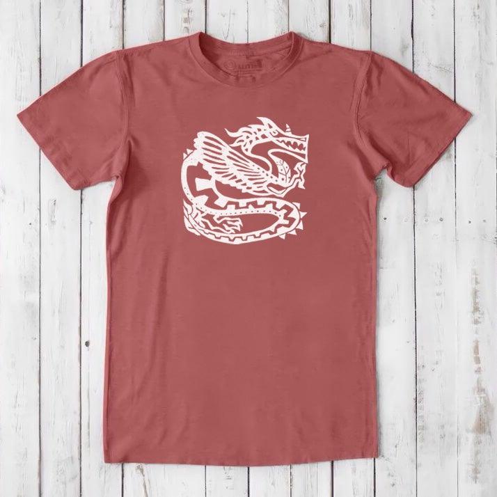 Rust red Men's Dragon T-Shirt in Bamboo & Organic Cotton with white Ancient Dragon design, fantasy-themed eco tee for men, classic fit.