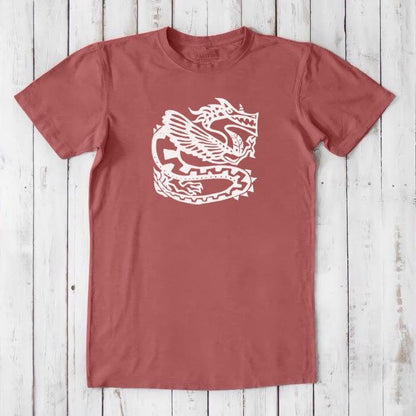 Rust red Men's Dragon T-Shirt in Bamboo & Organic Cotton with white Ancient Dragon design, fantasy-themed eco tee for men, classic fit.