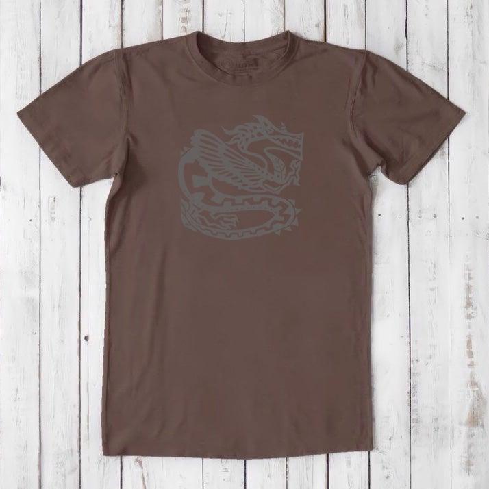Chocolate brown Men's Dragon T-Shirt in Bamboo & Organic Cotton with dark Ancient Dragon graphic, soft sustainable fantasy gift for him.