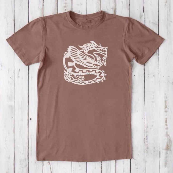 Earthy brown Men's Dragon T-Shirt in Bamboo & Organic Cotton with white Ancient Dragon design, eco-friendly classic fit tee for fantasy lovers.