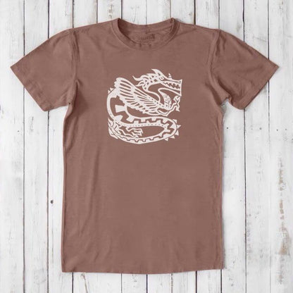 Earthy brown Men's Dragon T-Shirt in Bamboo & Organic Cotton with white Ancient Dragon design, eco-friendly classic fit tee for fantasy lovers.