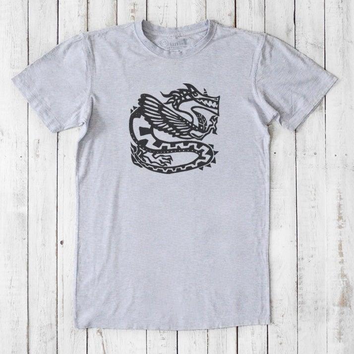Heather gray Men's Dragon T-Shirt in Bamboo & Organic Cotton with black Ancient Dragon print, sustainable mythology art tee for men.