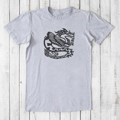 Heather gray Men's Dragon T-Shirt in Bamboo & Organic Cotton with black Ancient Dragon print, sustainable mythology art tee for men.