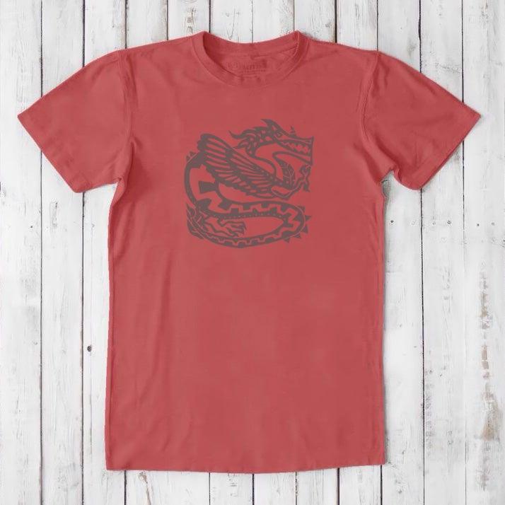 Red Men's Dragon T-Shirt in Bamboo & Organic Cotton with dark Ancient Dragon graphic, eco-conscious fantasy gift for him, classic fit.