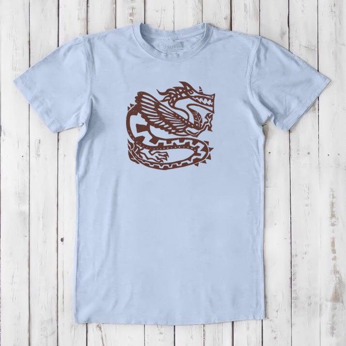 Light blue Men's Dragon T-Shirt in Bamboo & Organic Cotton with brown Ancient Dragon design, soft sustainable tee for fantasy art lovers.