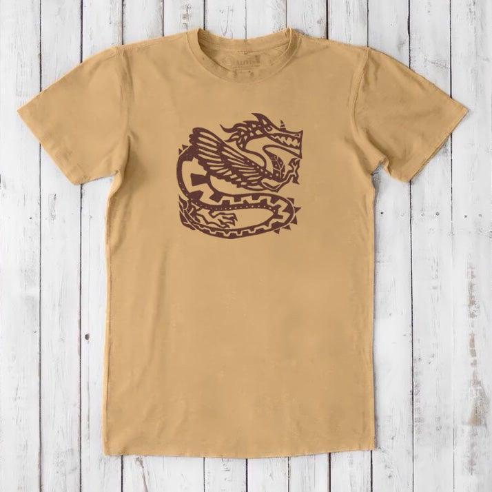 Golden tan Men's Dragon T-Shirt in Bamboo & Organic Cotton with brown Ancient Dragon graphic, eco-friendly mythology tee for men.