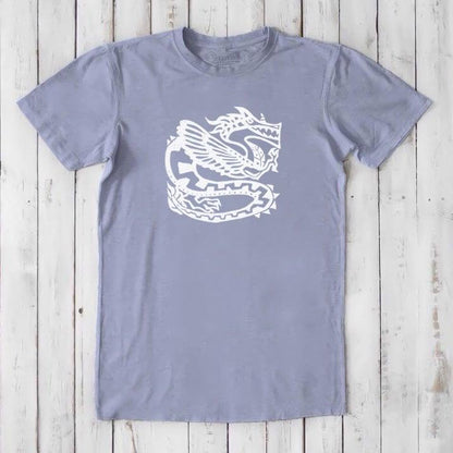 Lavender Men's Dragon T-Shirt in Bamboo & Organic Cotton with white Ancient Dragon design, breathable sustainable tee for fantasy fans.