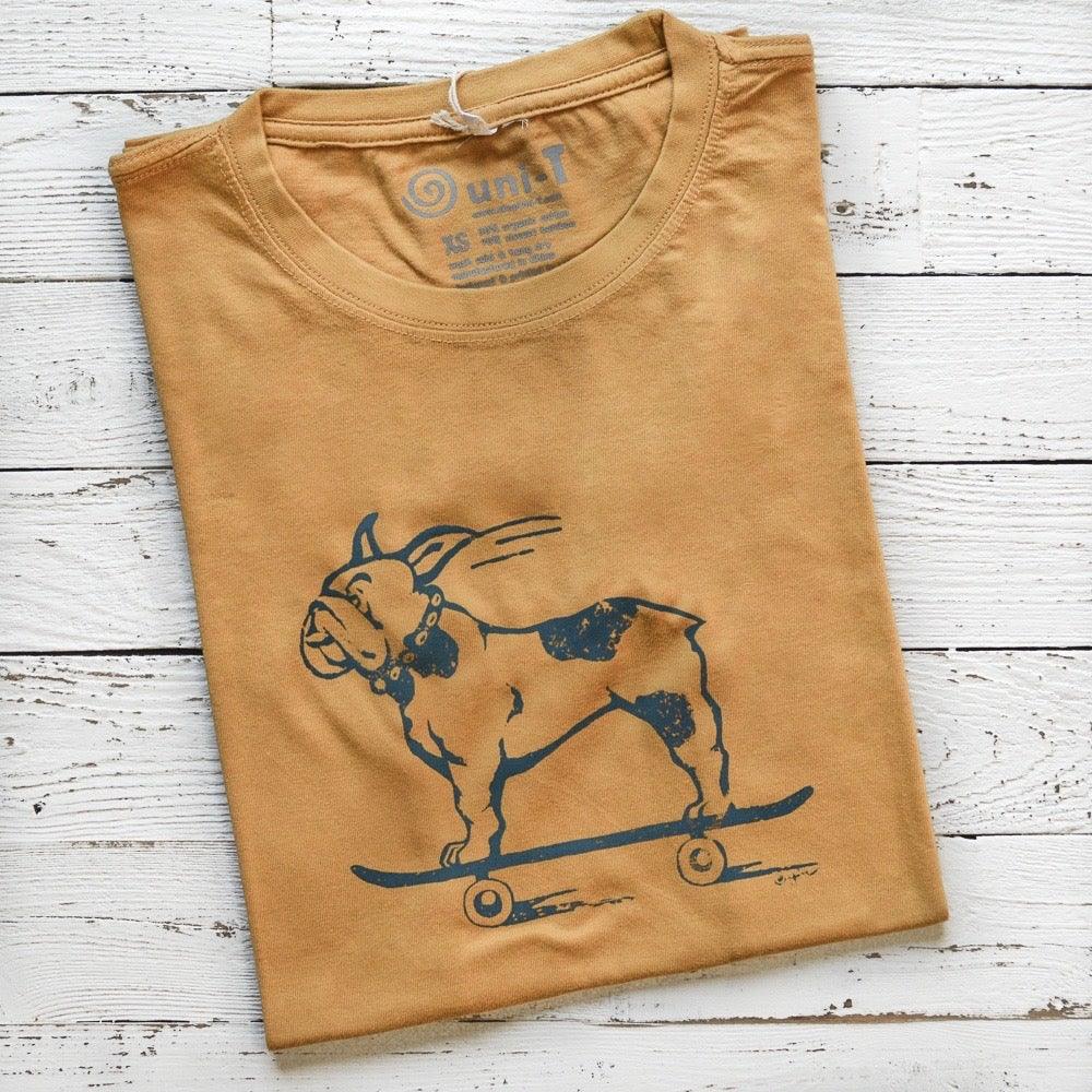 Men's French Bulldog T-Shirt in bamboo and organic cotton, mustard yellow with funny dog on skateboard graphic, classic fit gift for pet lovers.