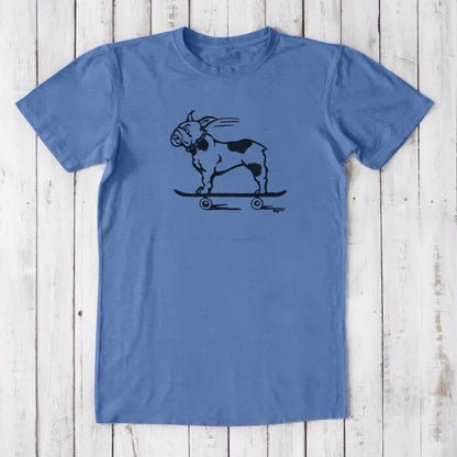 Blue bamboo and organic cotton men's French Bulldog graphic tee featuring a skateboarding dog, sustainable classic fit shirt for dog lovers.