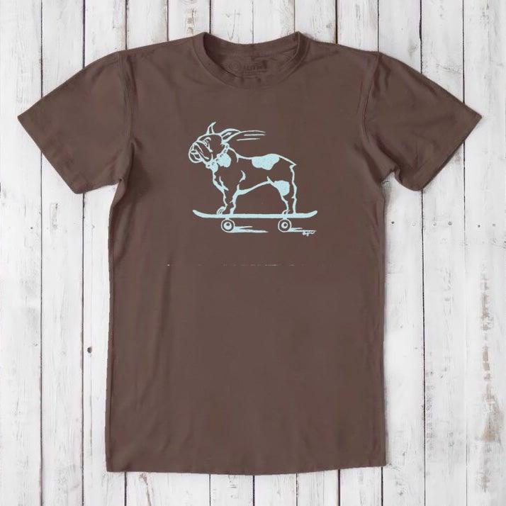 Brown men's French Bulldog T-Shirt in bamboo and organic cotton with light blue dog on skateboard print, eco-friendly gift for pet owners.