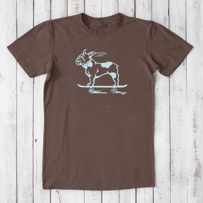 Brown men's French Bulldog T-Shirt in bamboo and organic cotton with light blue dog on skateboard print, eco-friendly gift for pet owners.
