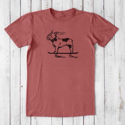 Red men's bamboo and organic cotton T-shirt with black French Bulldog skateboarding graphic, funny dog lover gift in classic fit.