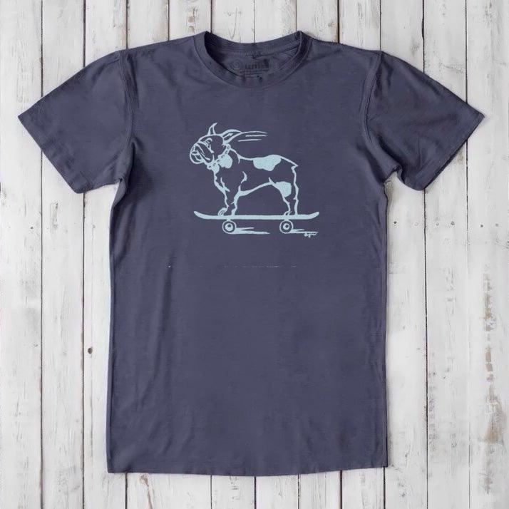 Dark navy men's French Bulldog T-Shirt in bamboo and organic cotton with light blue dog on skateboard print, sustainable and humorous gift.