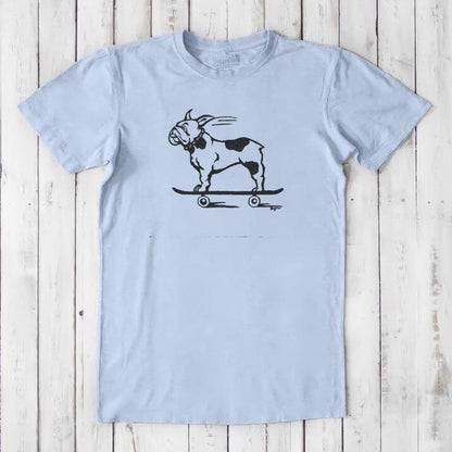 Light blue men's bamboo and organic cotton tee with black French Bulldog skateboarding graphic, classic fit dog lover shirt.