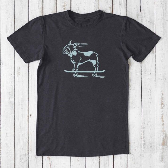 Black men's French Bulldog T-Shirt in bamboo and organic cotton with light blue skateboarding dog print, perfect gift for pet enthusiasts.