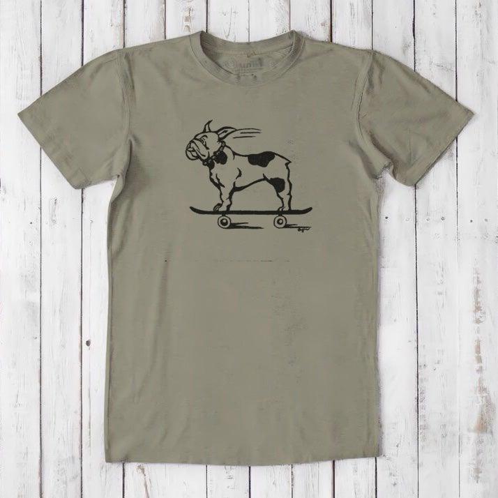 Olive green men's bamboo and organic cotton T-shirt with black French Bulldog on skateboard graphic, sustainable gift for dog lovers.