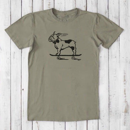 Olive green men's bamboo and organic cotton T-shirt with black French Bulldog on skateboard graphic, sustainable gift for dog lovers.