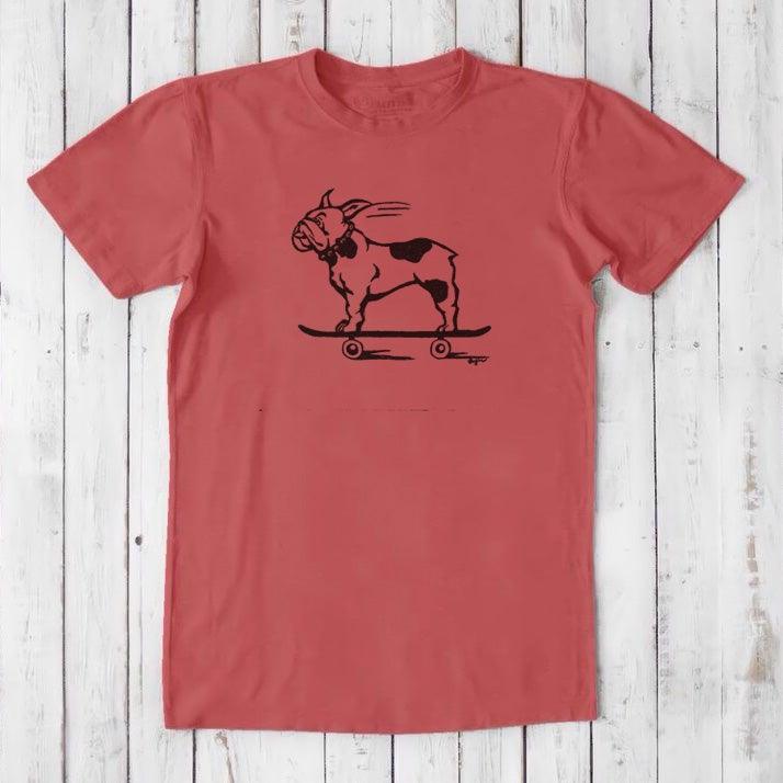 Red men's French Bulldog T-Shirt made from bamboo and organic cotton, featuring a black dog on skateboard design, fun gift for pet owners.