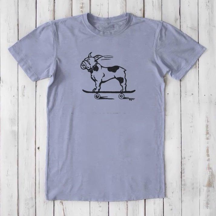 Lavender men's bamboo and organic cotton tee with black French Bulldog skateboarding graphic, eco-friendly and humorous dog lover shirt.