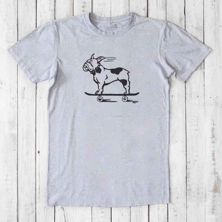 Heather gray men's French Bulldog T-Shirt in bamboo and organic cotton with black skateboarding dog print, sustainable classic fit tee.