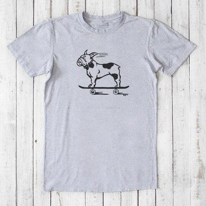 Heather gray men's French Bulldog T-Shirt in bamboo and organic cotton with black skateboarding dog print, sustainable classic fit tee.