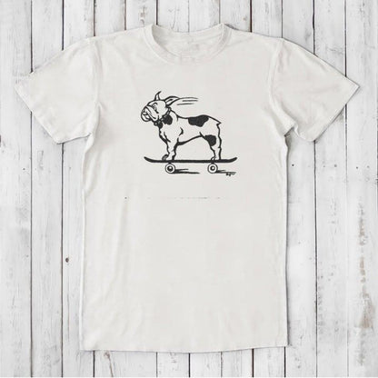 White men's bamboo and organic cotton T-shirt with black French Bulldog on skateboard graphic, funny and eco-conscious gift for pet lovers.