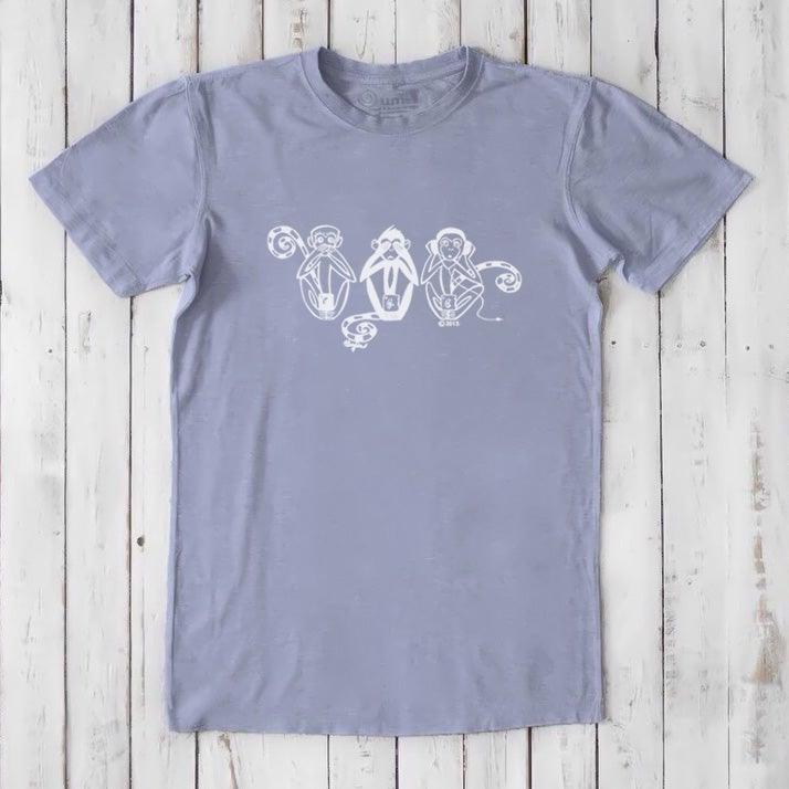 Light purple men's bamboo & organic cotton T-shirt with white Three Wise Monkeys graphic, Uni-T sustainable apparel.