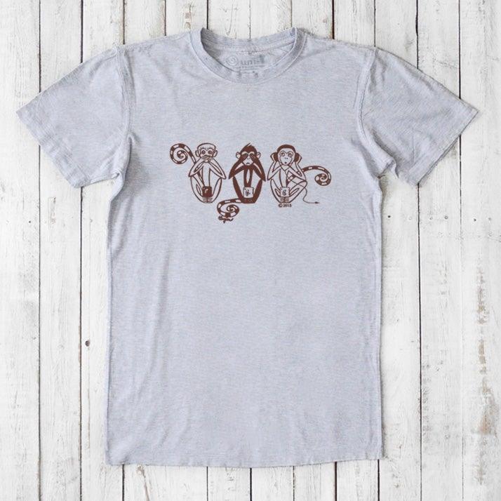 Heather gray men's graphic tee featuring brown 'See No Evil Hear No Evil Speak No Evil' monkey design in soft eco-friendly fabric.