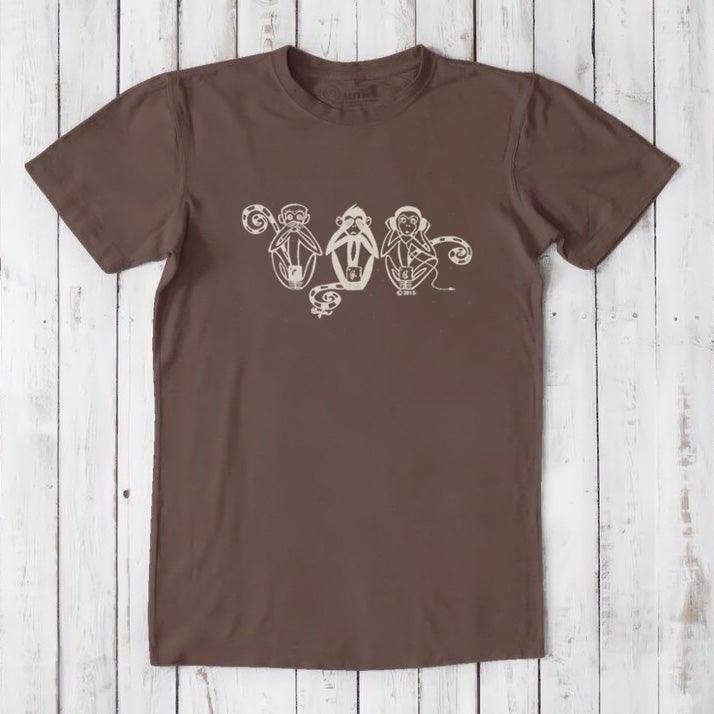 Chocolate brown men's T-shirt with cream Three Wise Monkeys design, made from bamboo & organic cotton for sustainable comfort.