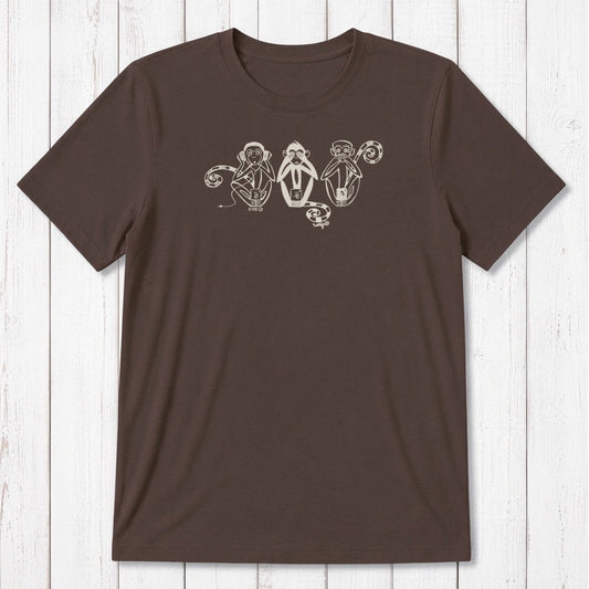 Chocolate brown men's T-shirt with cream Three Wise Monkeys design, made from bamboo & organic cotton for sustainable comfort.