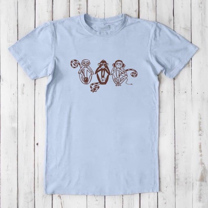 Sky blue men's graphic tee with brown 'See No Evil Hear No Evil Speak No Evil' monkey print, crafted from eco-conscious materials.