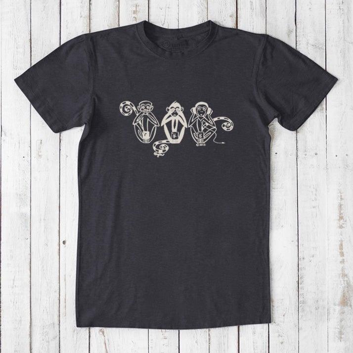 Charcoal black men's bamboo & organic cotton T-shirt with cream Three Wise Monkeys graphic, mindful fashion by Uni-T.
