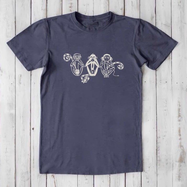 Slate blue men's T-shirt featuring white Three Wise Monkeys design, made with soft bamboo & organic cotton blend for comfort.
