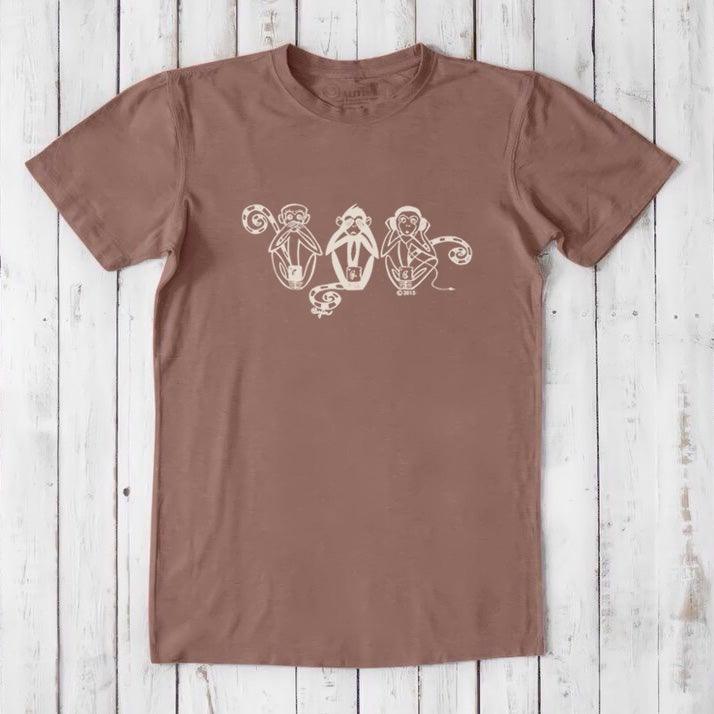 Earthy brown men's tee with cream 'See No Evil Hear No Evil Speak No Evil' monkey print, sustainable and stylish by Uni-T.
