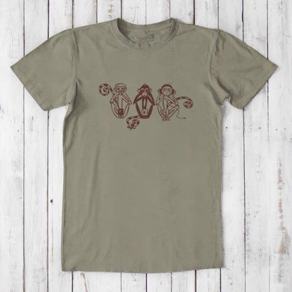 Olive green men's T-shirt with brown 'See No Evil Hear No Evil Speak No Evil' monkey print, eco-conscious and soft fabric blend.