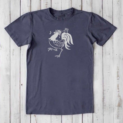 Navy blue men's rooster t-shirt with 'Sing More' text, crafted from bamboo and organic cotton, classic fit funny farm animal design.