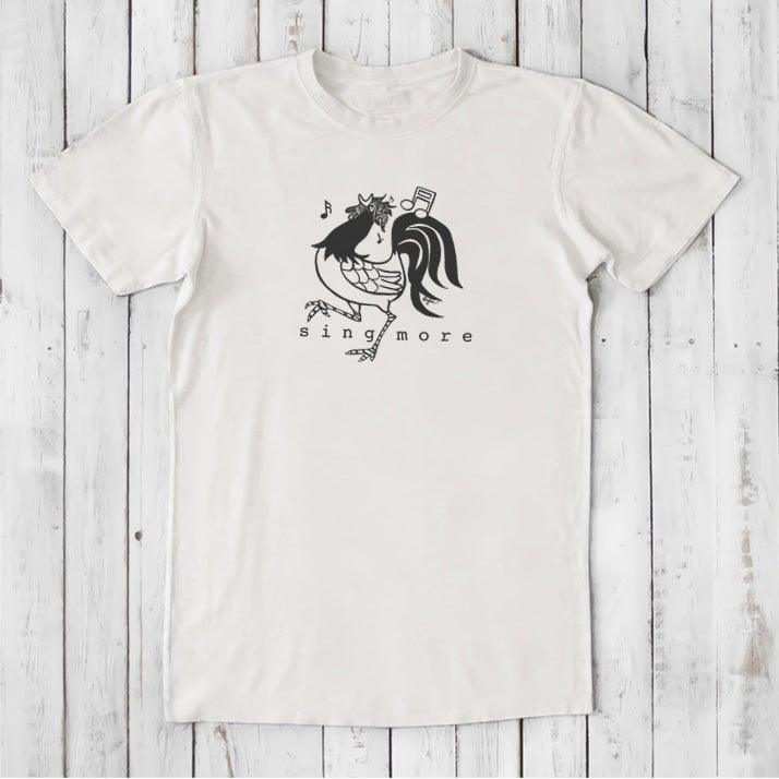 White bamboo and organic cotton men's t-shirt with black rooster and 'Sing More' text, ideal gift for early risers.